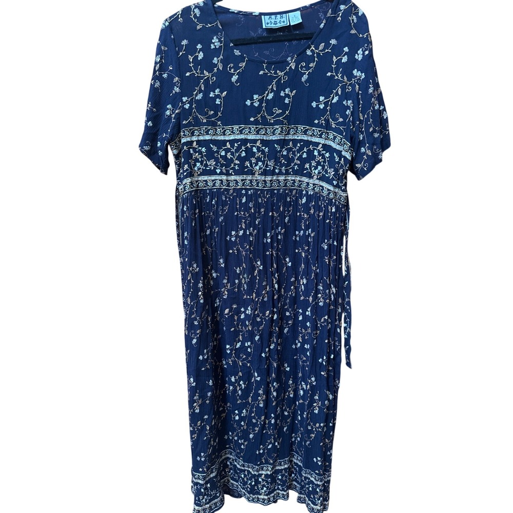 VTG MPH Navy Blue Floral Beaded Rayon Empire Waist Midi Dress Womens Small India